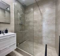 Bathroom in a 3-room apartment with a shower and storage space under the sink.