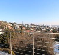 View from the balcony with railing on the city skyline of Bratislava - Old Town, Broskyňová.