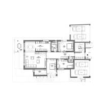 Floor plan of a 4-room apartment with a spacious living room and a terrace, garage for two cars.