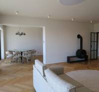 Living room of a 4-room apartment with a fireplace and a wooden decor floor.