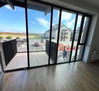 Glass doors leading to a balcony with a view in a 2-room apartment and a floor with a wooden decor.