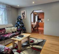 In the living room of the family house, there is a sofa, a Christmas tree, and a floor with a wooden decor.