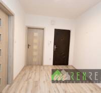 Interior of a 3-room apartment with wood-patterned flooring and white walls.