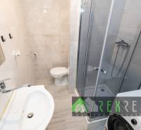 A bathroom in a 3-room apartment with a sink, shower, and washing machine.