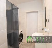 Bathroom in a 3-room apartment with a shower and a washing machine, tiles on the walls.