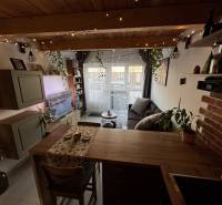 Interior with wood-patterned flooring, kitchen counter, and cozy living area in warehouses and halls.