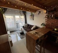 Living room with kitchen in warehouses and halls with brick cladding, light decoration.