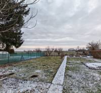A snowy garden of a family house in Trnovec nad Váhom with bare trees and a greenhouse.