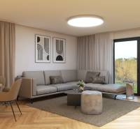 Bright living room, cozy couch, modern art, large windows, wooden floor.