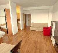 A one-room apartment with a wooden decor floor, a sofa, and a double bed.