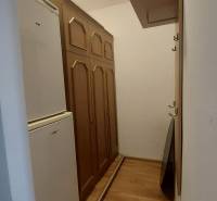 Hallway of a 1-room apartment with wooden cabinets and a floor with a wooden design.