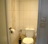 Bathroom with toilet in a 3-room apartment, light tiles, shelves, decorative elements.