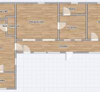 Floor plan of a family house with a wooden decor floor, including rooms and a garage.