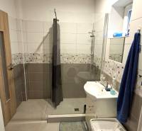 A bathroom in a family house with an open shower and ceramic tiles.