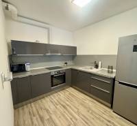A kitchen in a 2-room apartment with a wood-patterned floor and a gray kitchen unit.