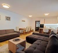 Living room of a two-room apartment with sofas, a dining table, and a kitchen, floor with wooden decor.