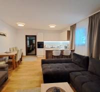 Living room of a two-room apartment with a kitchen, dining table, and wooden decor flooring.