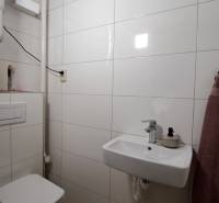 Bathroom in a 2-room apartment with white tiles and a wooden decor floor.