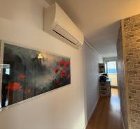 A hallway in a 3-room apartment with a wooden decor floor, a decorative brick wall, and air conditioning.