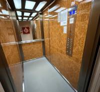 An elevator with a wooden decor and modern lighting can be found in a 3-room apartment.