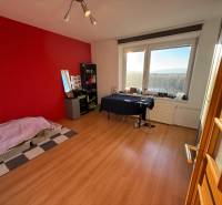 A room in a 3-room apartment with a red wall and a wooden decor floor.