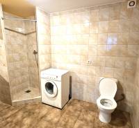 Bathroom with a washing machine, shower, and toilet. Walls with ceramic tiles and floor with decor.