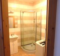 A bathroom in a building with tiles, a shower, and a washing machine.