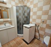 Bathroom with a washing machine, shower corner, tiled wall, and floor with a wooden decor.