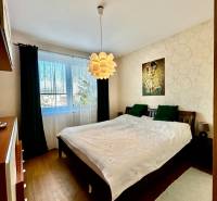A bedroom in a 4-room apartment with a wood-patterned floor, a light fixture, and a painting.