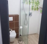Bathroom with a glass shower enclosure, decorative tiles, and a wood-patterned floor.