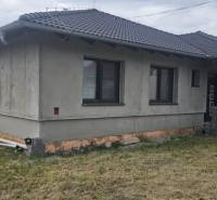 A family house with unplastered walls in Semerovo with a shingle roof on a grassy plot.