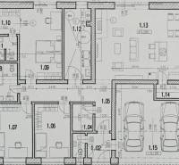 Floor plan of a family house in Semerovo with three bedrooms, two bathrooms, and a garage for two cars.
