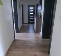 A hallway in a family house with a wooden decor floor and green details on the ceiling.
