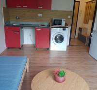 Studio apartment with a kitchenette, washing machine, table, and wooden decor flooring.
