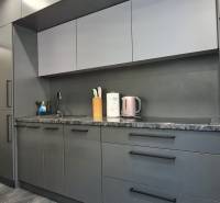A stylish kitchen with modern appliances and dark furniture decor in a 2-room apartment.