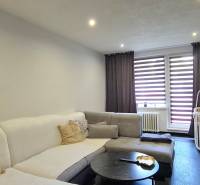 Living room in a two-room apartment with a sofa, coffee table, and a baby crib.