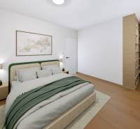 Bedroom in a 2-room apartment with a bed, a painting, and a floor with a wooden decor.