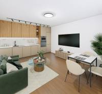 Living room with a kitchenette in a 2-room apartment, floor with a wooden decor.