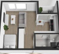 Floor plan of a studio apartment with a bed, sofa, and kitchenette.