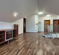 Attic space in a family house with a floor featuring a wood decor and built-in cabinets.