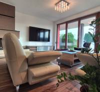 Living room of a family house with a leather sofa, fireplace, television, and wooden decor flooring.