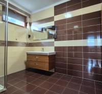 A bathroom with brown and cream tiles, a shower, and a sink, Family house.