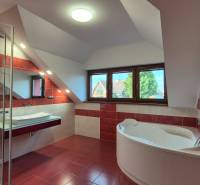 A bathroom with a corner bathtub and a shower in a family house.