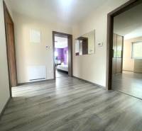 A hallway in a family house with a wooden decor floor and a mirror on the wall.