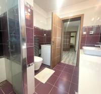 A bathroom in a family house with purple tiles and a floor with a wooden decor.