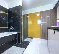 A bathroom in a family house with a bathtub, a shower, and colorful tiles.