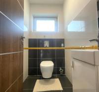 A bathroom in a family house with a toilet, light walls, and black tiles.