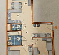 Floor plan of a 3-room apartment with a kitchen, bathroom, and two bedrooms.