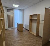 Shelving units and storage spaces with wood-patterned flooring.