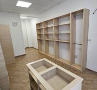 Commercial space with shelves and wood-decor flooring, white wall, ceiling lighting.